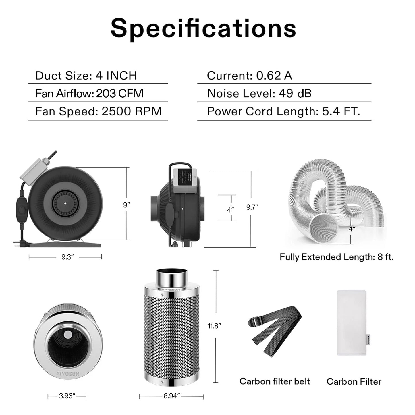 Kit De Ventilación De 4 VIVOSUN"  Control De Olores Con Extractor De Metal Rígido, Ducto y Filtro De Carbón