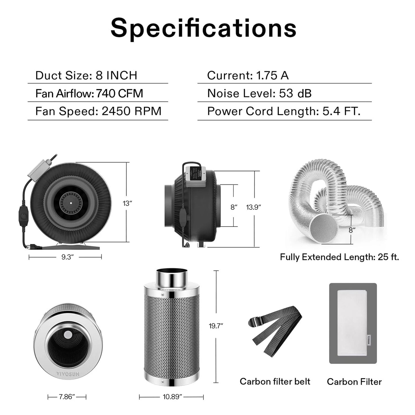 Kit De Ventilación De 8 VIVOSUN"  Control De Olores Con Extractor De Metal Rígido, Ducto y Filtro De Carbón