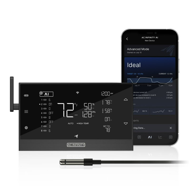 CONTROLLER AI+ Controlador ambiental, aprendizaje asistido por inteligencia artificial y ajuste de nivel dinámico para dispositivos UIS y de terceros, VPD de doble zona, temperatura y humedad, Bluetooth + WiFi App