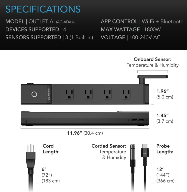 OUTLET AI Controlador de Ambiente, Enchufes WiFi Inteligentes, Zona Dual Temperatura Humedad, AI Targeting, Programación Dinámica ON/OFF, Sensores Expandibles, Control Individual 4 Enchufes, 1800W