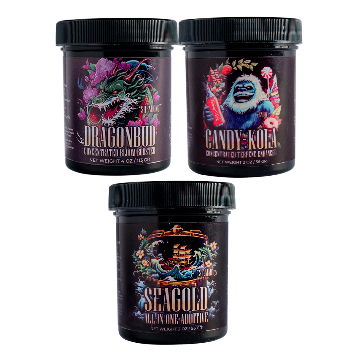 Combo Flora: DragonBud + Candy-Kola + SeaGold | HarvestCo - Aditivos Solubles Para Floración