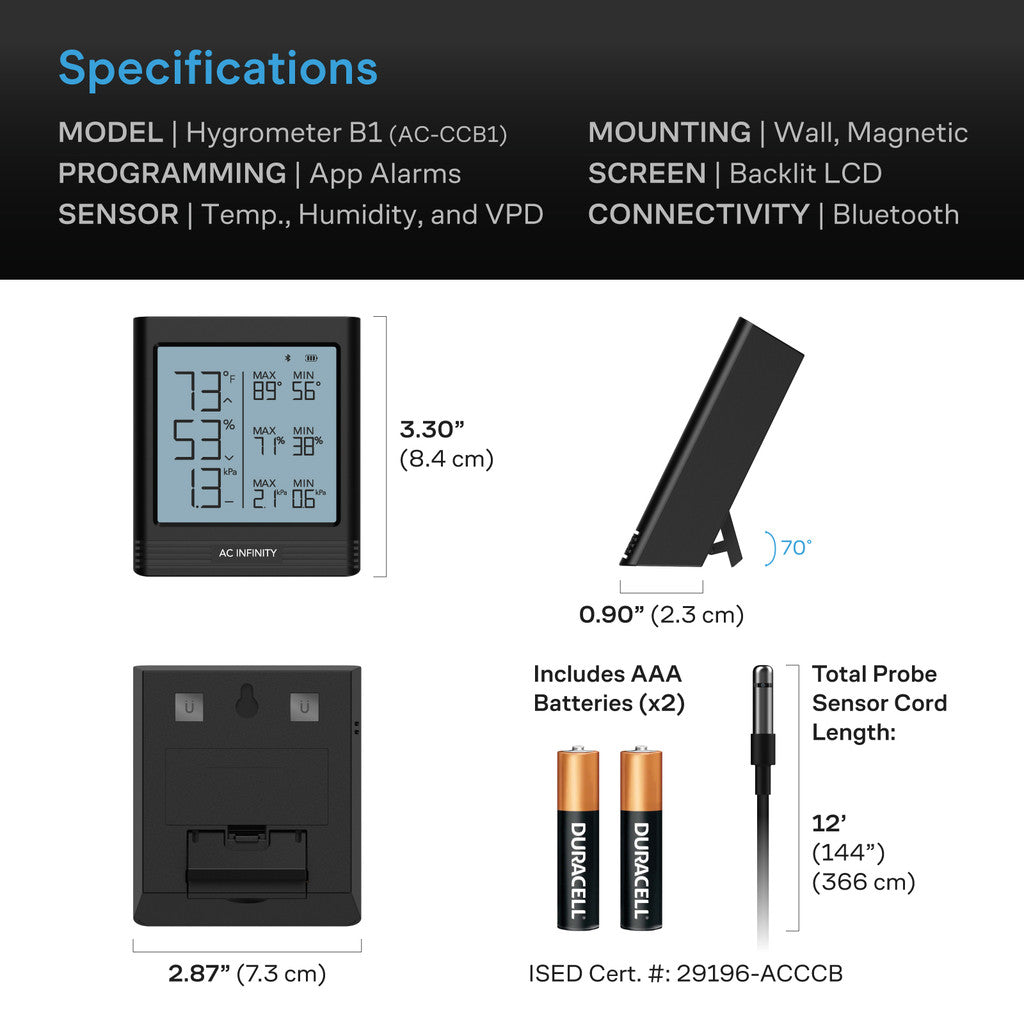 Smart Termo-Hygrometer B1 | AC Infinity - Termohigrómetro inteligente con sensor de 12'