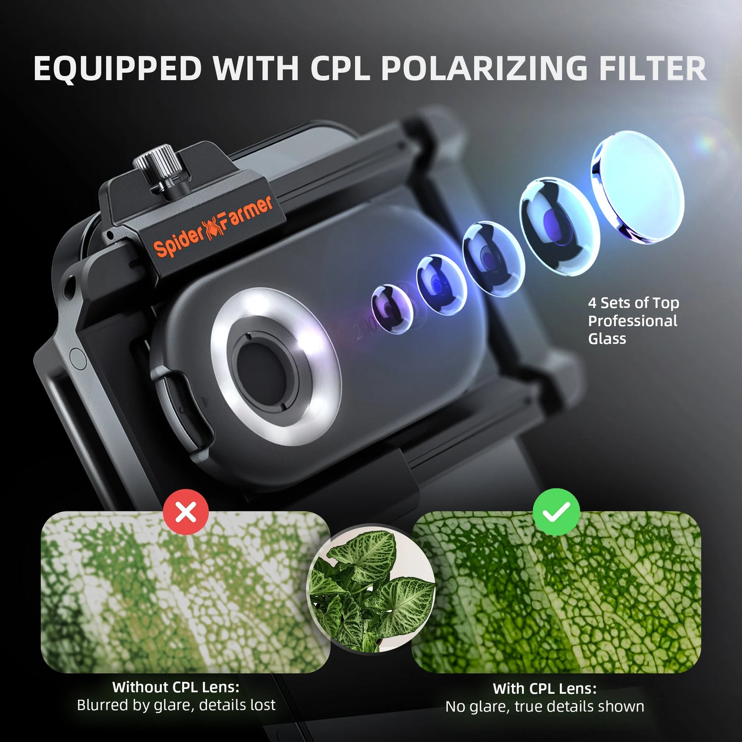 Microscopio de Mano 200× Spider Farmer – Lente Clip para Smartphone con LED, UV y Filtro CPL