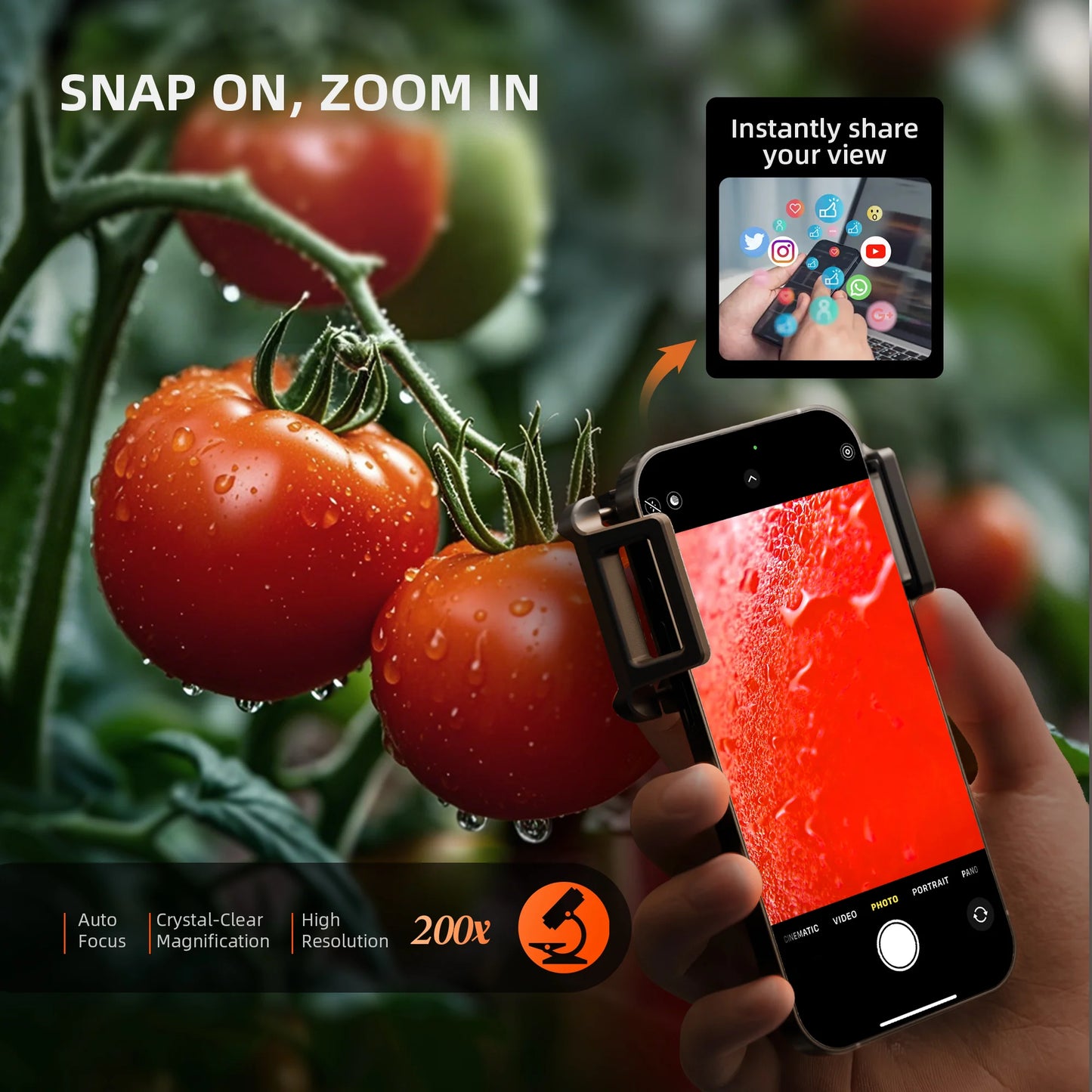 Microscopio de Mano 200× Spider Farmer – Lente Clip para Smartphone con LED, UV y Filtro CPL