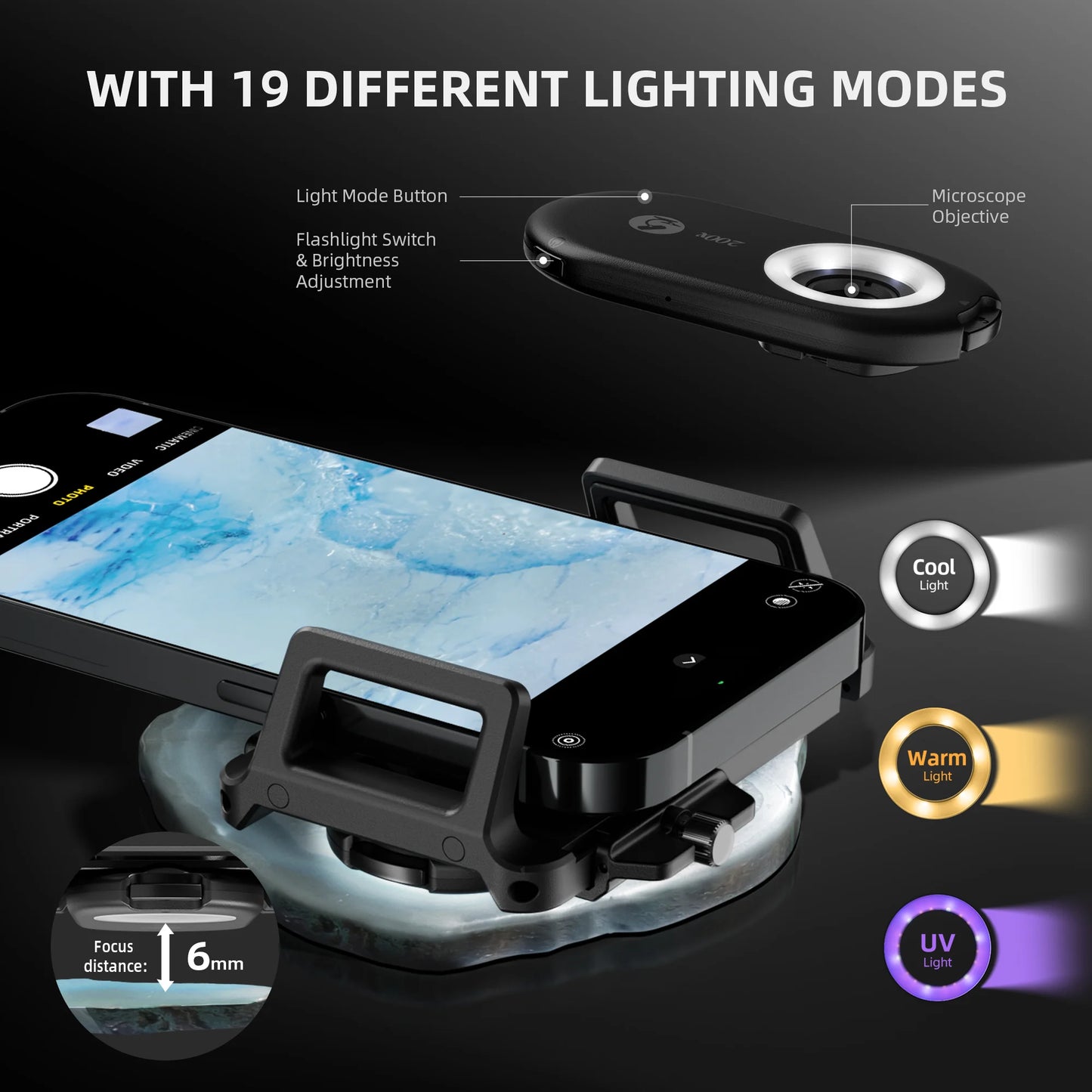 Microscopio de Mano 200× Spider Farmer – Lente Clip para Smartphone con LED, UV y Filtro CPL