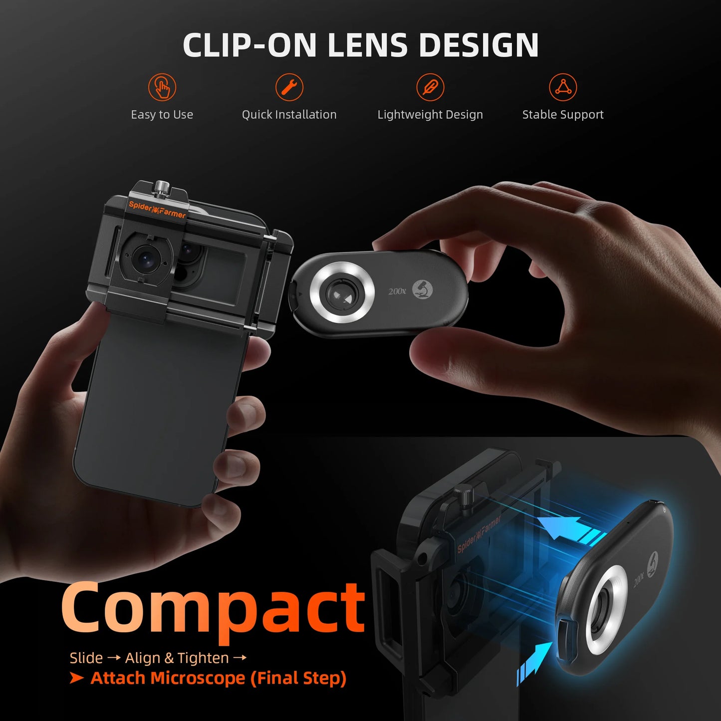 Microscopio de Mano 200× Spider Farmer – Lente Clip para Smartphone con LED, UV y Filtro CPL