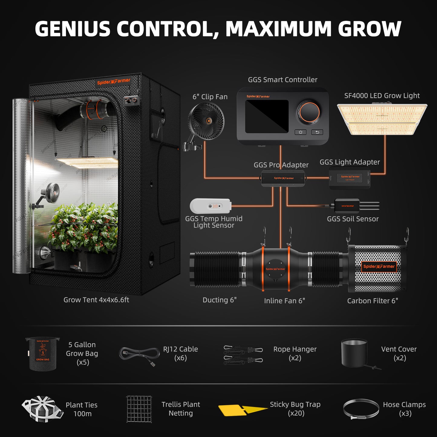 Kit De Cultivo | Spider Farmer - SF-4000, Armario De Cultivo, Ventilación, Lampara, Controlador, y otros