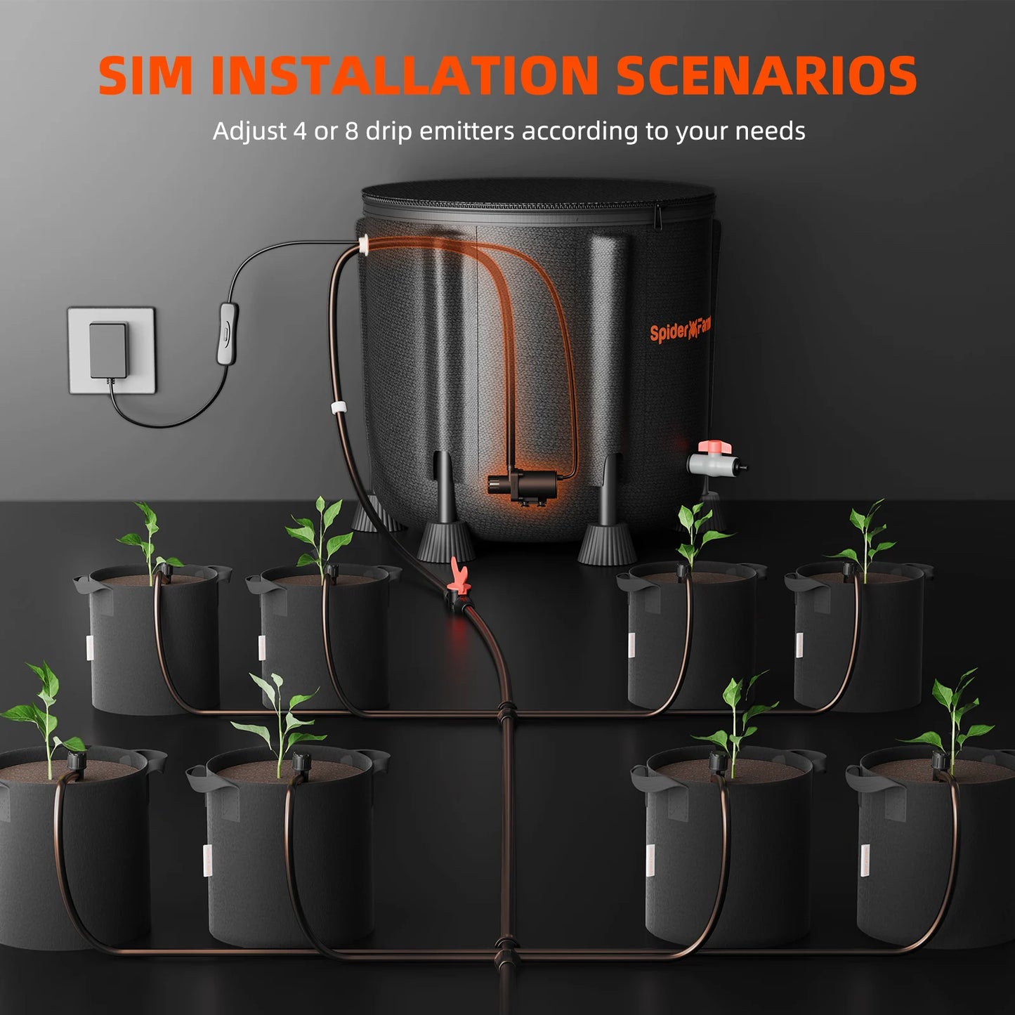 Sistema de Riego Automático por Goteo Spider Farmer – Bomba de Agua 25W con Tanque de 50L y 8 Emisores Ajustables