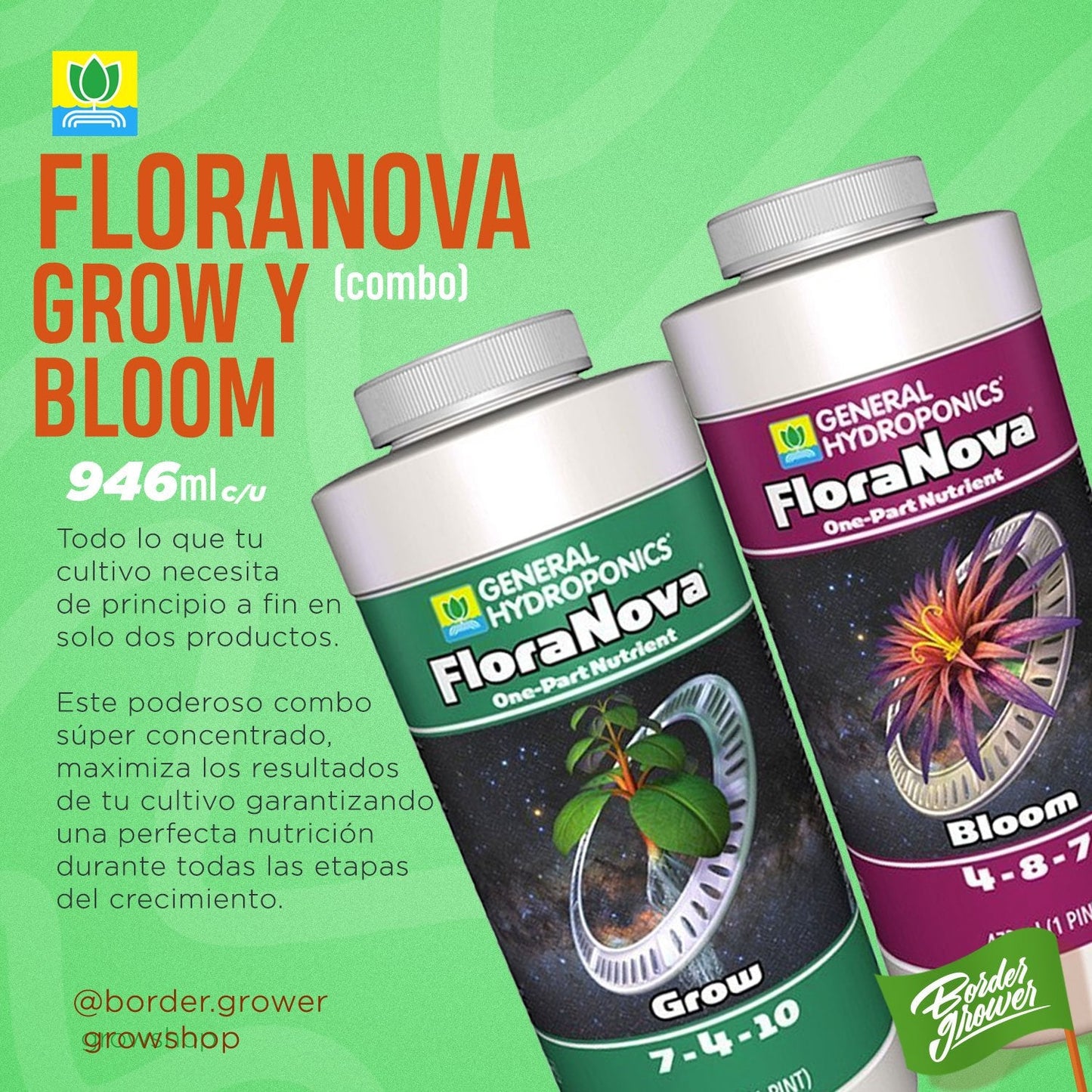 FloraNova Grow + Bloom | General Hydroponics - Nutrientes Base Para Vegetación Y Floración