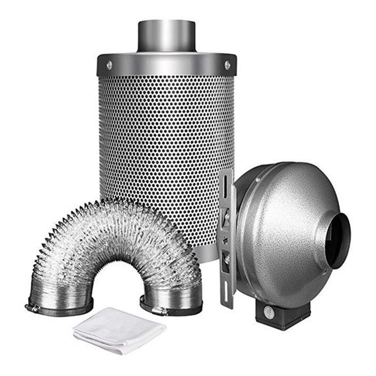 Kit de control de olor 4 pulgadas Extractor, filtro de carbón (pre filtro incluido) y ducto (con abrazaderas)