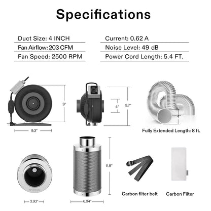 Kit De Ventilación De 4 VIVOSUN"  Control De Olores Con Extractor De Metal Rígido, Ducto y Filtro De Carbón