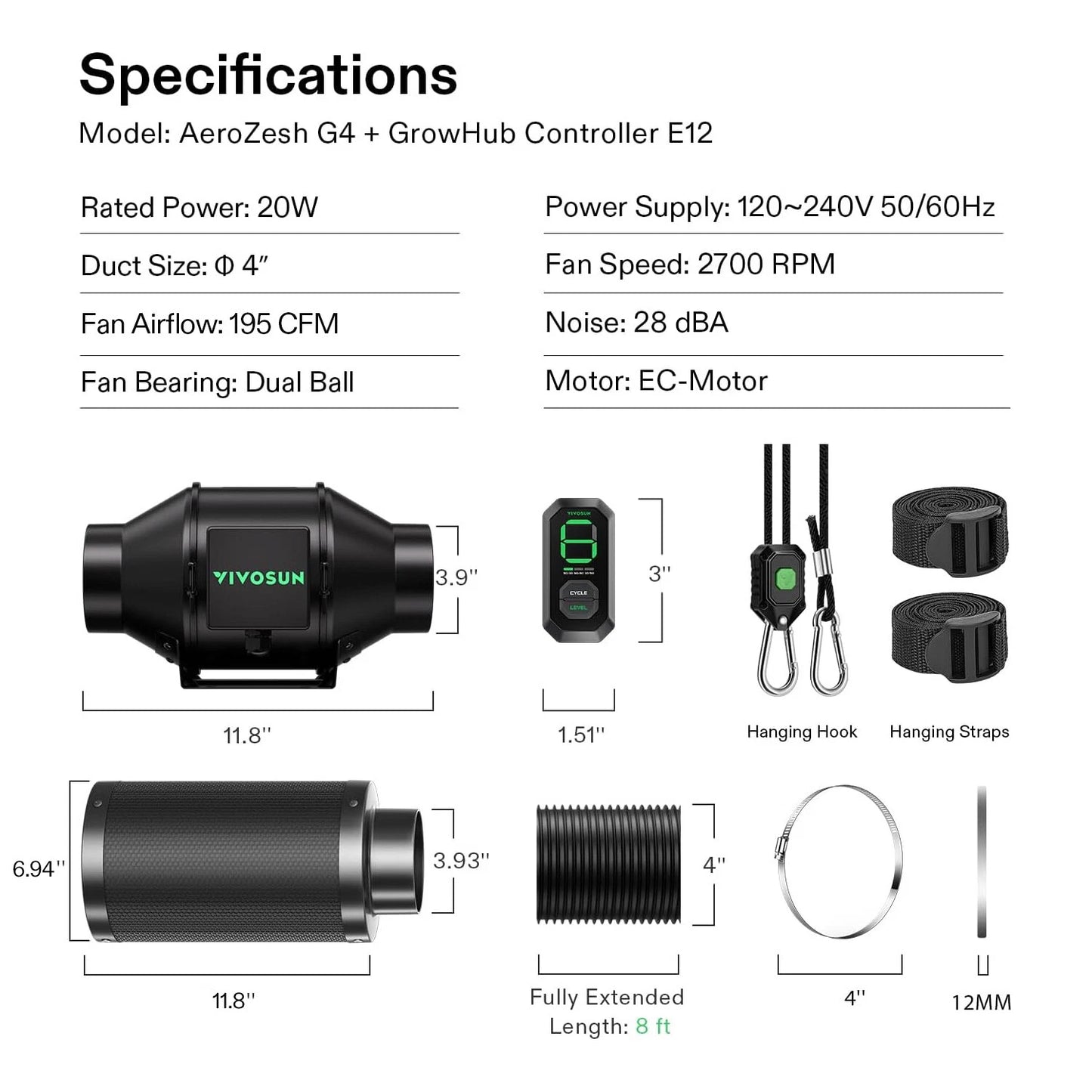 VIVOSUN Kit Extracción G LINE 4/6/8 pulgadas  Inteligente – Inline Fan