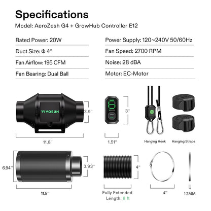 VIVOSUN Kit Extracción G LINE 4/6/8 pulgadas  Inteligente – Inline Fan