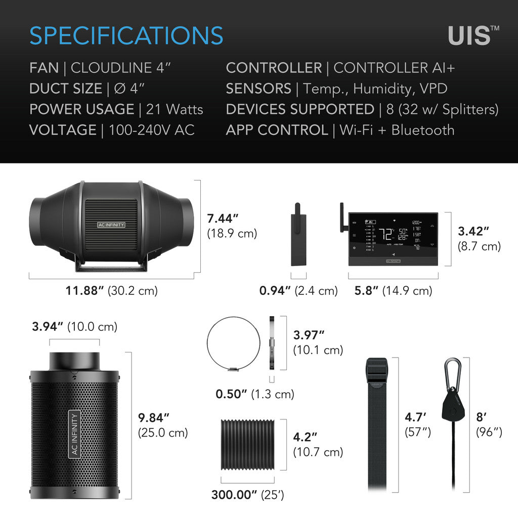 CloudLine Pro 4" | AC Infinity - Kit Completo De Ventilación, Controlador con IA, Extractor, Ducto, Ganchos Y Filtro De Carbon