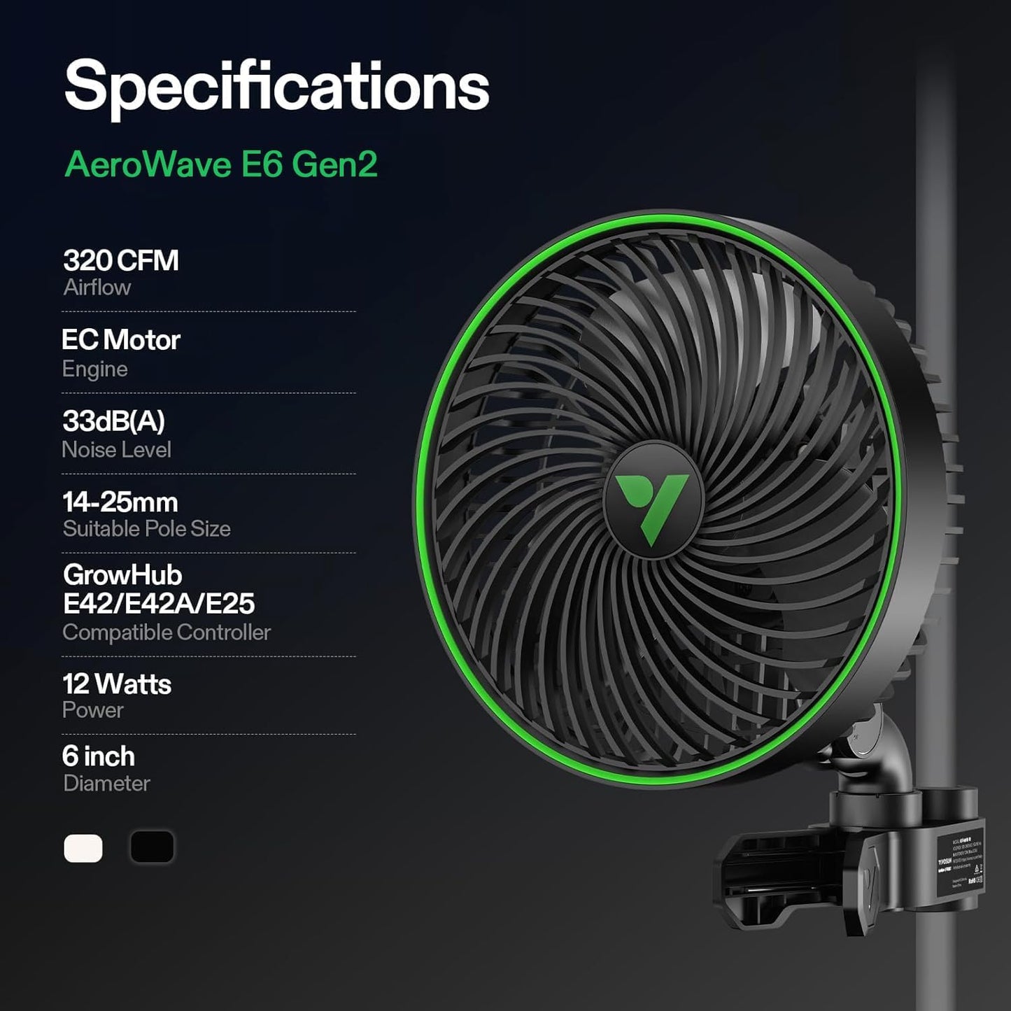 VIVOSUN Ventilador de Clip 6 pulgadas | AeroWave A6 GEN 2 Oscilación 90° Motor AC 2200 RPM 38 dBA
