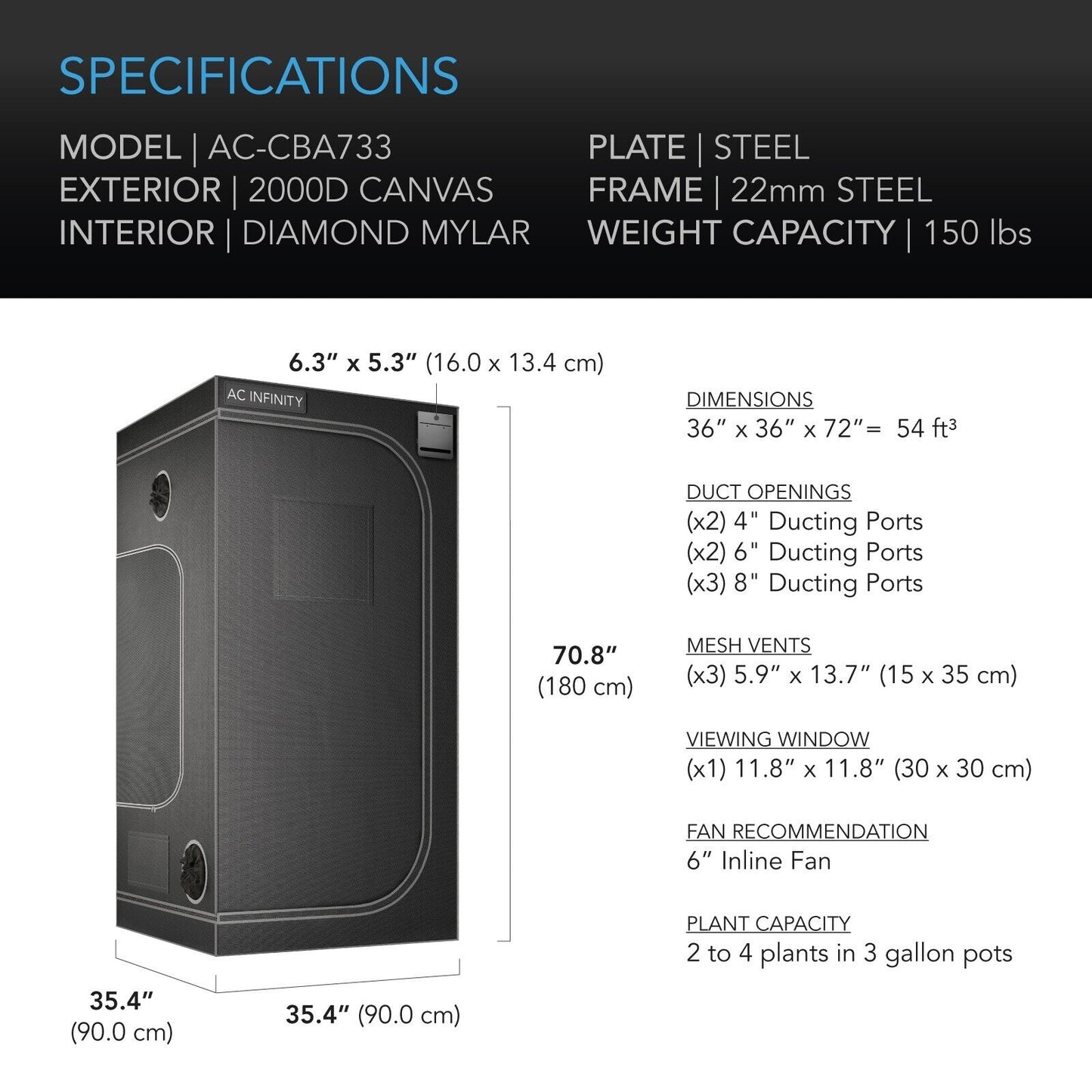 CLOUDLAB 733 | AC INFINITY - Carpa De Cultivo 90cm x 90cm x 183cm