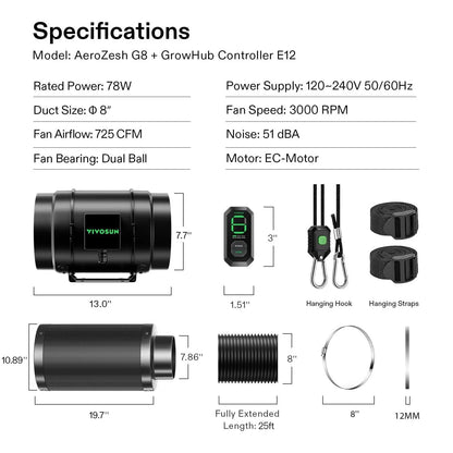 VIVOSUN Kit Extracción G LINE 4/6/8 pulgadas  Inteligente – Inline Fan