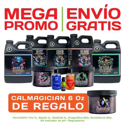 MEGA PROMO 1: HarvestPro: Base, Grow Y Bloom 1L, DragonBud, GorillaGrow, Basilic, SeaGold, Indicador de pH, Reguladores de pH + Regalo y Envío Gratis