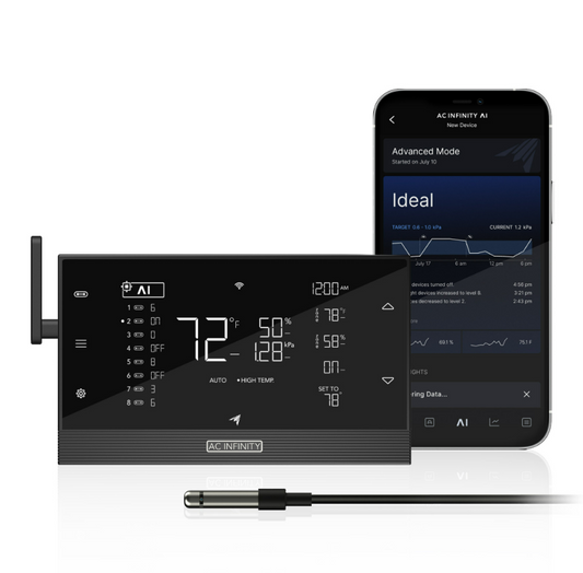 CONTROLLER AI+ Controlador ambiental, aprendizaje asistido por inteligencia artificial y ajuste de nivel dinámico para dispositivos UIS y de terceros, VPD de doble zona, temperatura y humedad, Bluetooth + WiFi App