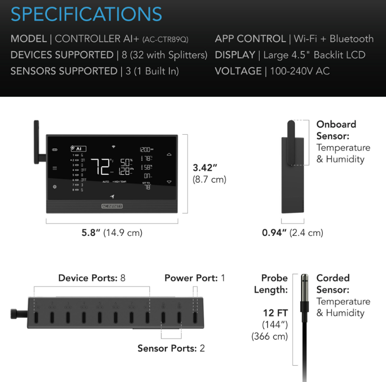 CONTROLLER AI+ Controlador ambiental, aprendizaje asistido por inteligencia artificial y ajuste de nivel dinámico para dispositivos UIS y de terceros, VPD de doble zona, temperatura y humedad, Bluetooth + WiFi App