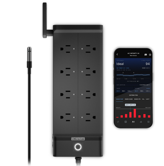 OUTLET AI+ Controlador de Ambiente, Enchufes WiFi Inteligentes, Zona Dual Temperatura Humedad, AI Targeting, Programación Dinámica ON/OFF, Sensores Expandibles, Control Individual 8 Enchufes, 1800W