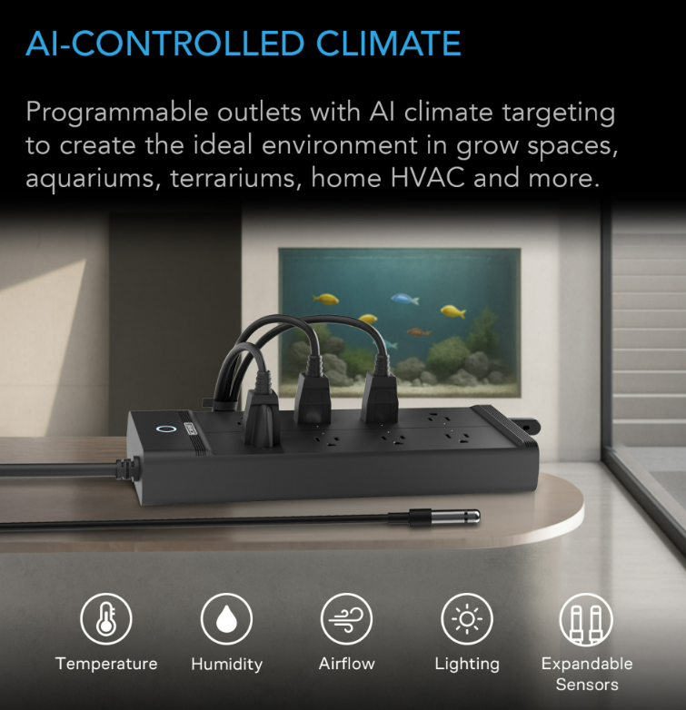 OUTLET AI+ Controlador de Ambiente, Enchufes WiFi Inteligentes, Zona Dual Temperatura Humedad, AI Targeting, Programación Dinámica ON/OFF, Sensores Expandibles, Control Individual 8 Enchufes, 1800W