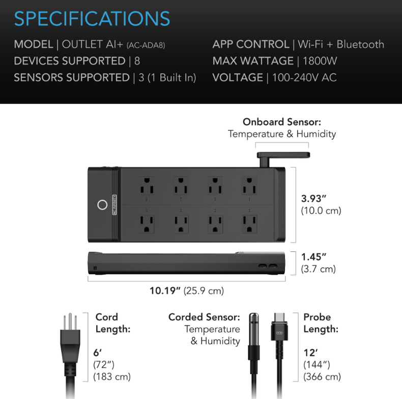 OUTLET AI+ Controlador de Ambiente, Enchufes WiFi Inteligentes, Zona Dual Temperatura Humedad, AI Targeting, Programación Dinámica ON/OFF, Sensores Expandibles, Control Individual 8 Enchufes, 1800W