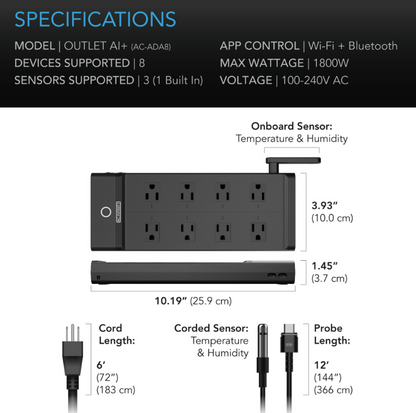OUTLET AI+ Controlador de Ambiente, Enchufes WiFi Inteligentes, Zona Dual Temperatura Humedad, AI Targeting, Programación Dinámica ON/OFF, Sensores Expandibles, Control Individual 8 Enchufes, 1800W
