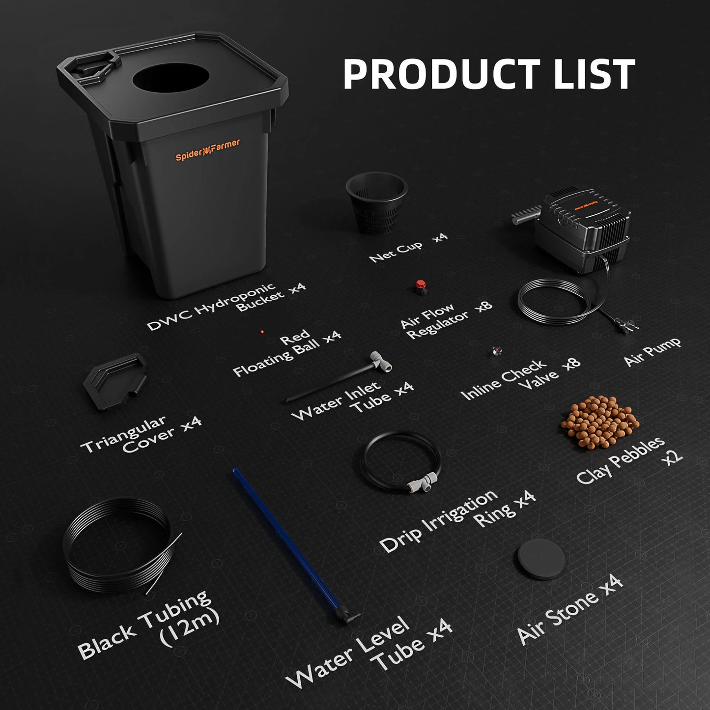 Sistema Hidropónico DWC Spider Farmer con Multirriego – Kit de 4 Cubetas de 7 Galones con Bomba de Aire de 15W