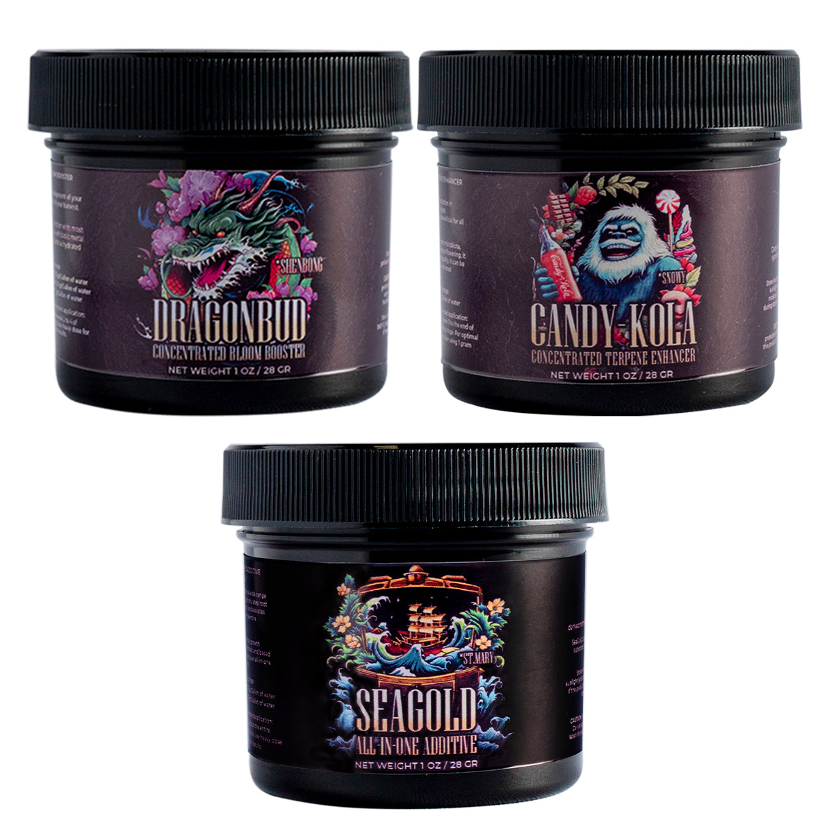 Combo Flora: DragonBud + Candy-Kola + SeaGold | HarvestCo - Aditivos Solubles Para Floración