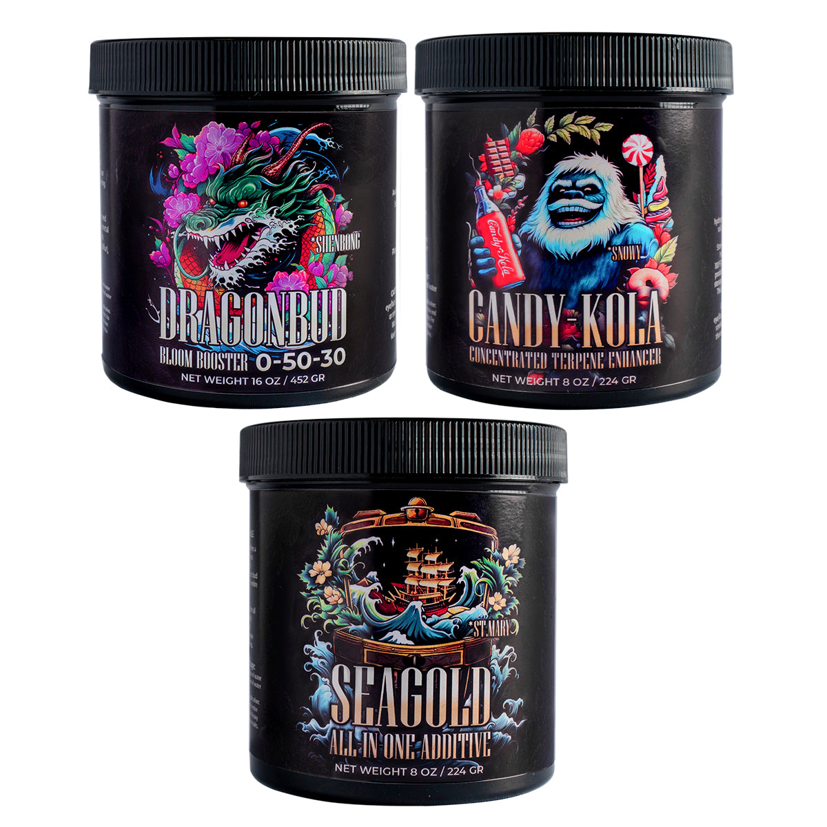 Combo Flora: DragonBud + Candy-Kola + SeaGold | HarvestCo - Aditivos Solubles Para Floración