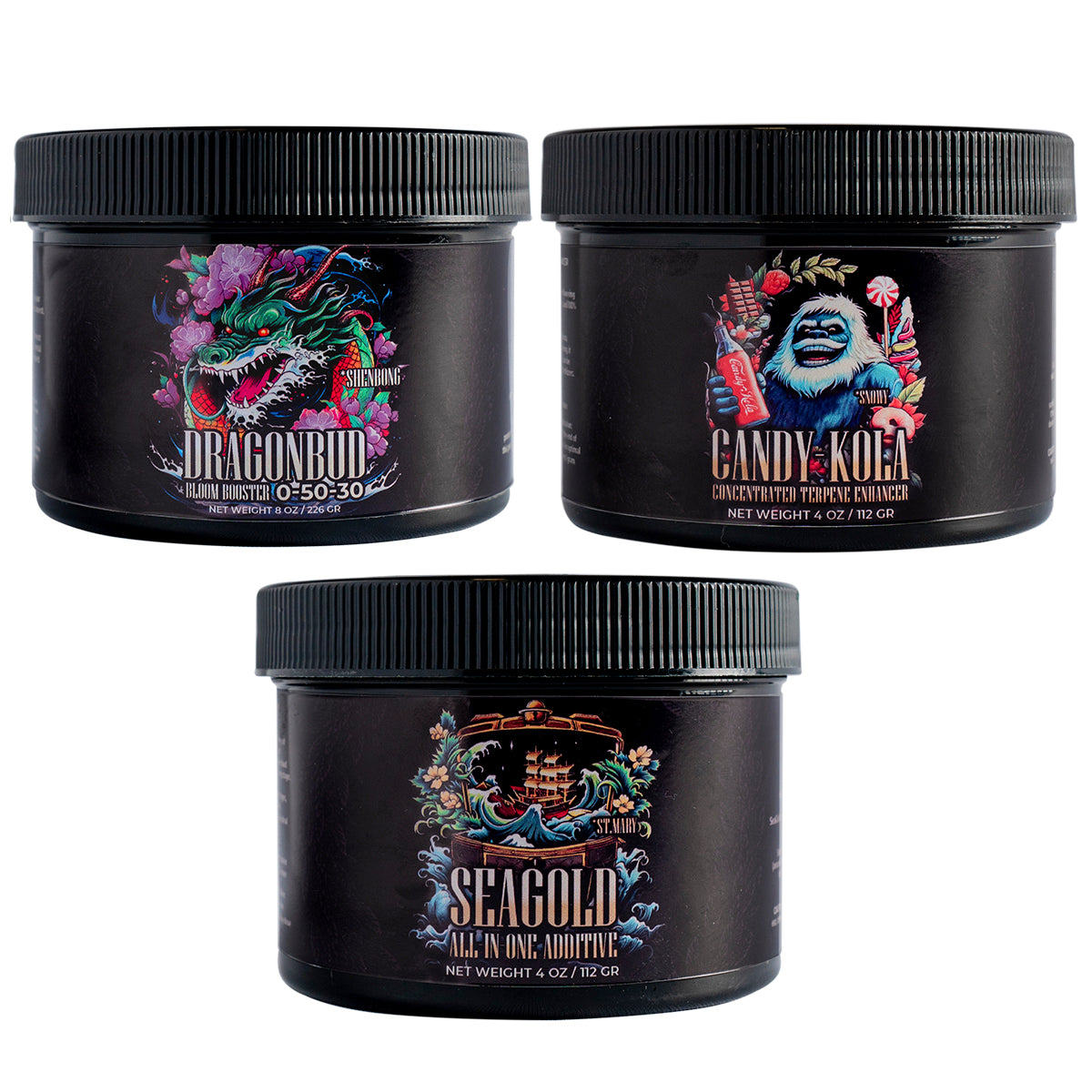 Combo Flora: DragonBud + Candy-Kola + SeaGold | HarvestCo - Aditivos Solubles Para Floración