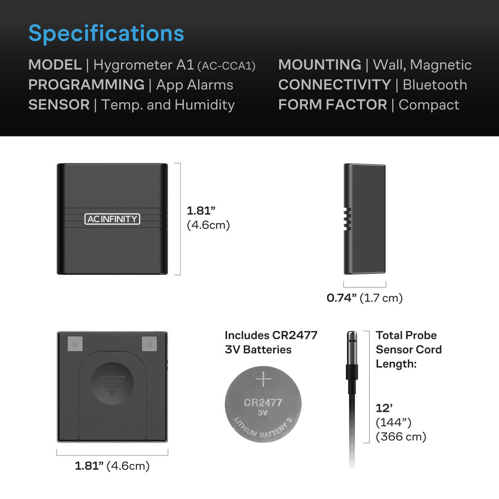 Mini Smart Termo-Hygrometer A1 | AC Infinity - Termohigrómetro inteligente con sensor de 12'