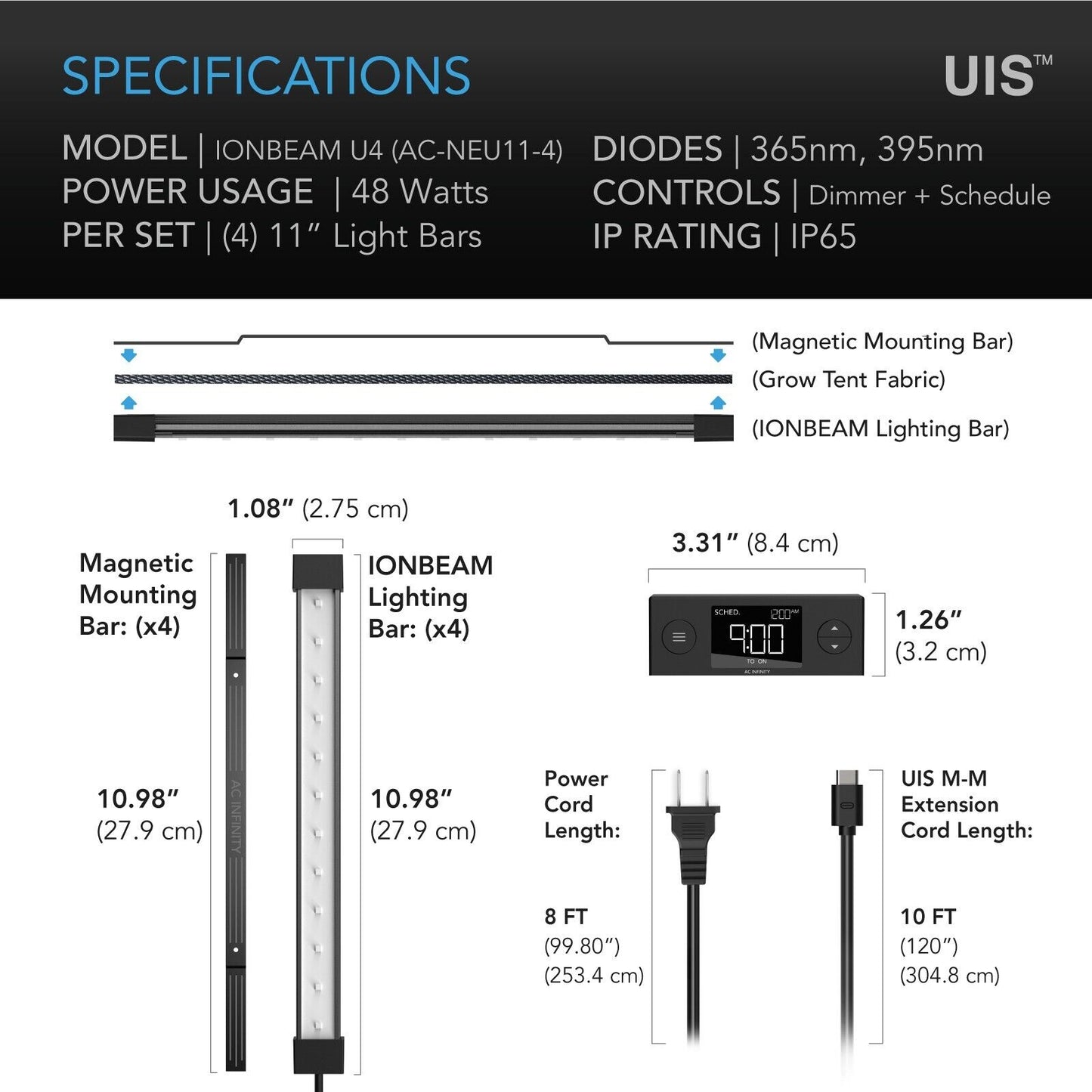 AC INFINITY ONBEAM U4 Barras de Luz LED UV lampara de cultivo suplementaria