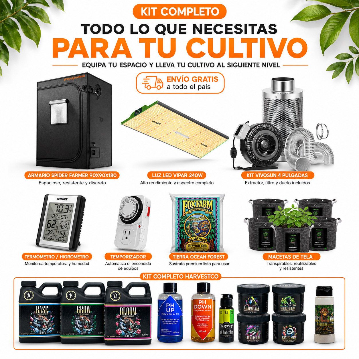 Kit Completo de Cultivo Indoor Spider Farmer 90x90x180 + ViparSpectra 240W + VIVOSUN 4" + HarvestCo