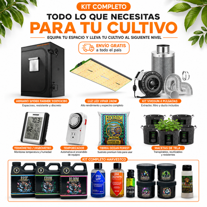 Kit Completo de Cultivo Indoor Spider Farmer 90x90x180 + ViparSpectra 240W + VIVOSUN 4" + HarvestCo