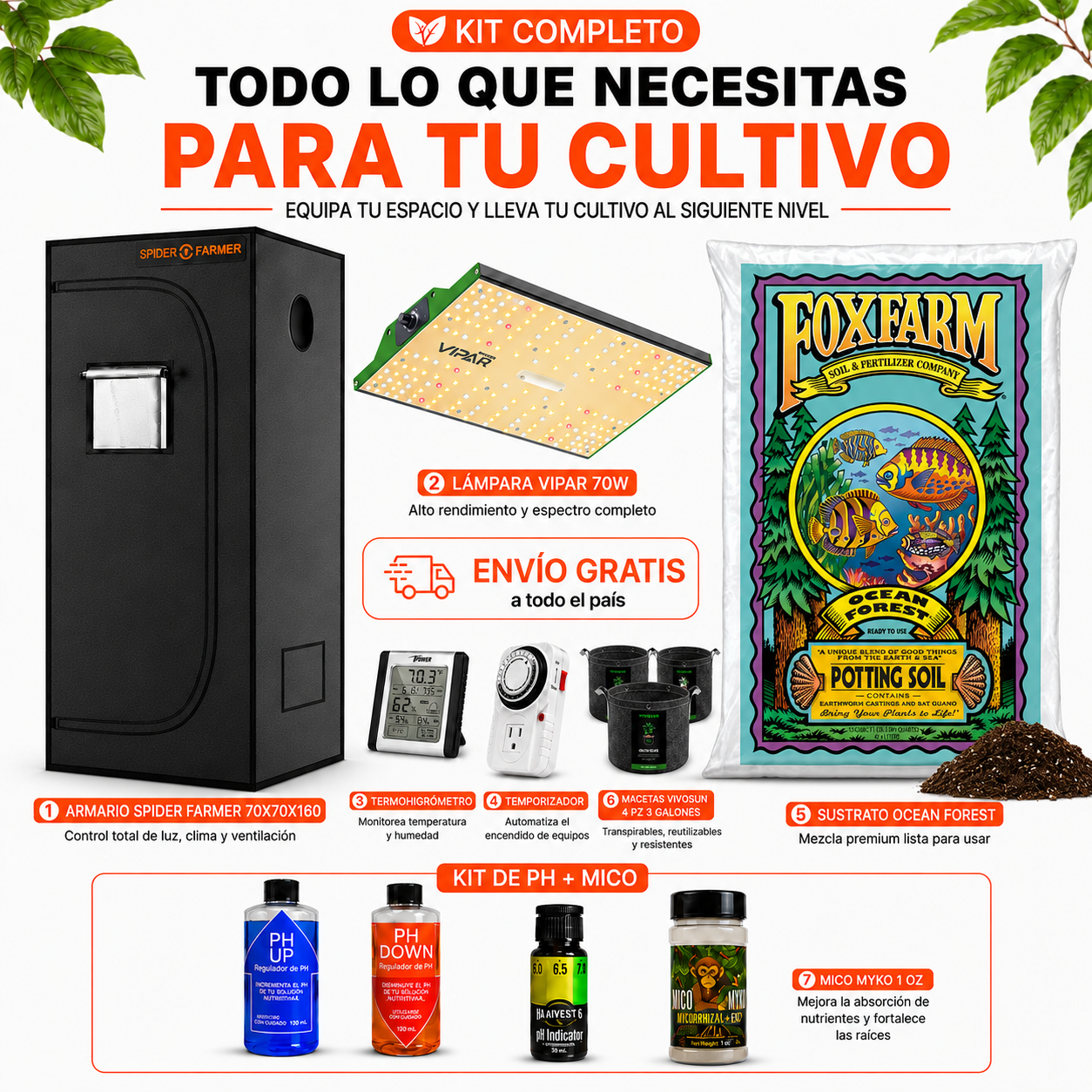 Kit de Cultivo Indoor Spider Farmer 70x70x160 + VIPAR 70W + Ocean Forest
