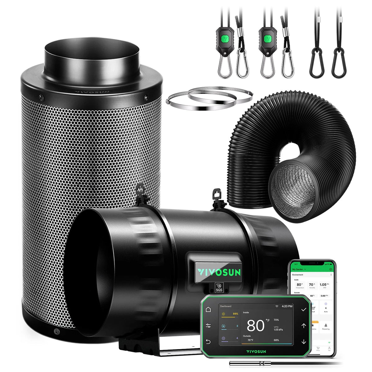 VIVOSUN Kit Extracción T LINE 4/6/8 pulgadas  Inteligente – Inline Fan