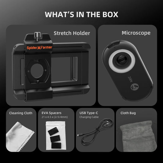 Microscopio de Mano 200× Spider Farmer – Lente Clip para Smartphone con LED, UV y Filtro CPL