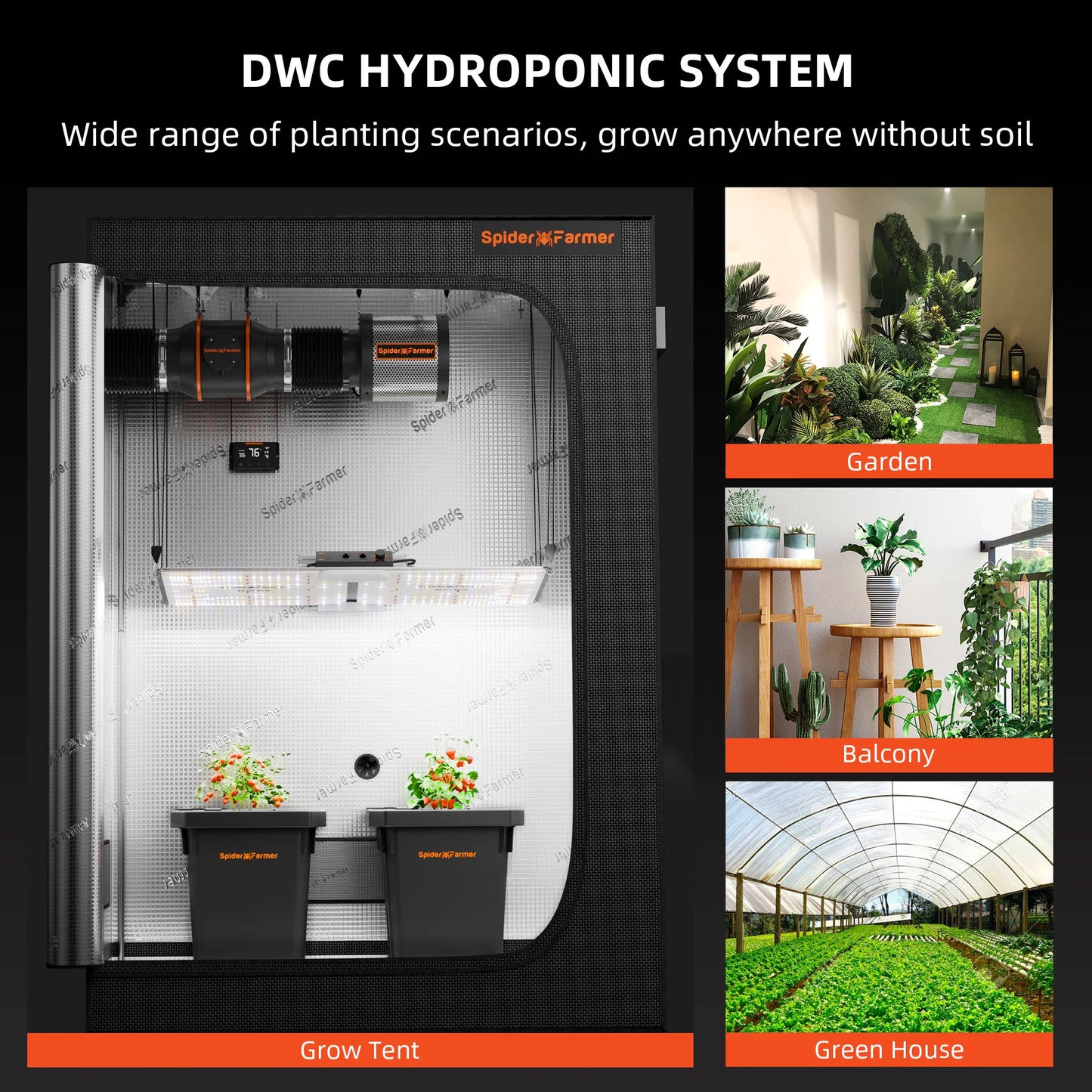 Sistema Hidropónico DWC Spider Farmer con Multirriego – Kit de 4 Cubetas de 7 Galones con Bomba de Aire de 15W