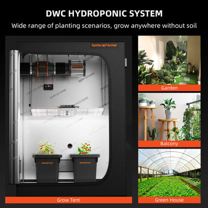 Sistema Hidropónico DWC Spider Farmer con Multirriego – Kit de 4 Cubetas de 7 Galones con Bomba de Aire de 15W