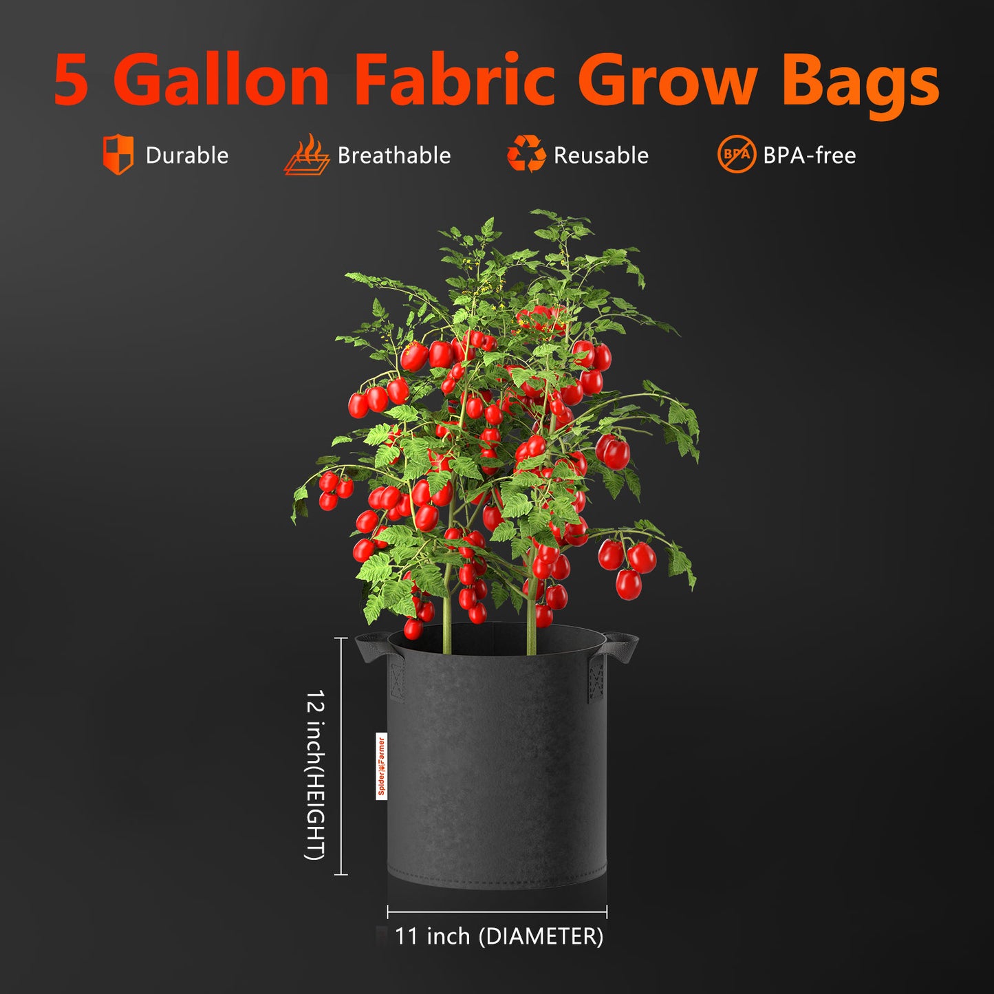 Spider Farmer | Grow Bags 5 galones – Paquete de 5, capacidad 5 gal, reutilizables y duraderas