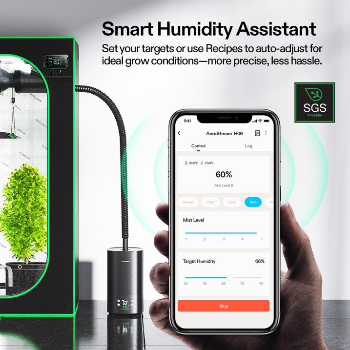 VIVOSUN AeroStream H05 – Humidificador Inteligente WiFi 5L con Sensor Temperatura y Humedad | Contmrol VPD