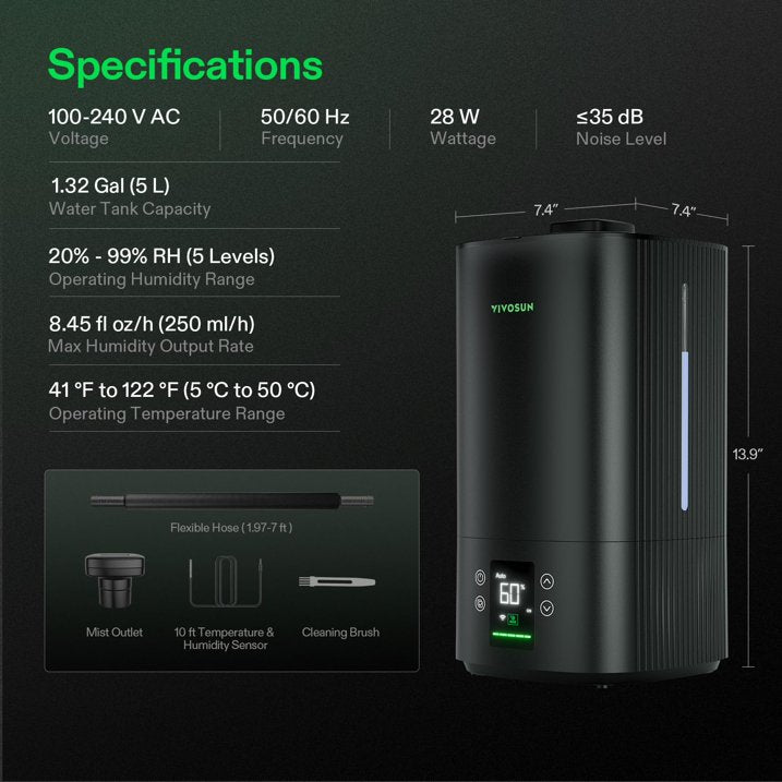 VIVOSUN AeroStream H05 – Humidificador Inteligente WiFi 5L con Sensor Temperatura y Humedad | Contmrol VPD