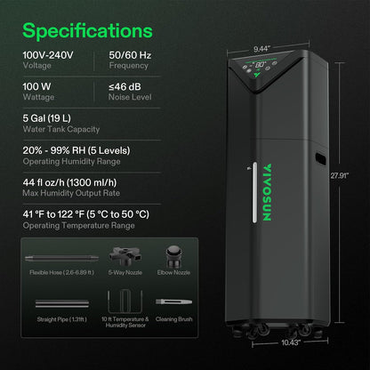 VIVOSUN AeroStream H19 – Humidificador Inteligente 19L WiFi con Sonda de Temperatura y Humedad para Grow Tent