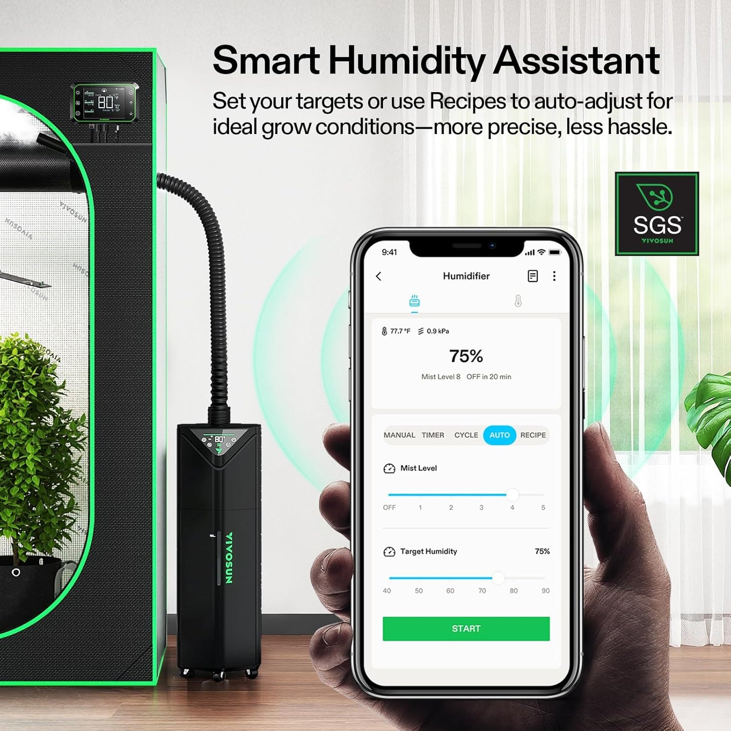 VIVOSUN AeroStream H19 – Humidificador Inteligente 19L WiFi con Sonda de Temperatura y Humedad para Grow Tent