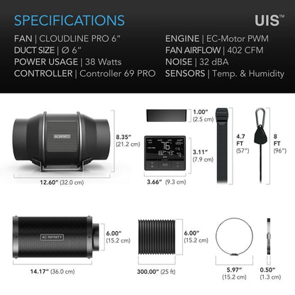 CloudLine Pro 6" | AC Infinity - Kit Completo De Ventilación Con Controlador, Extractor, Ducto, Ganchos Y Filtro De Carbon