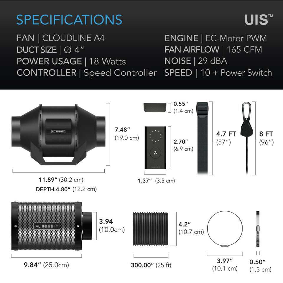 CloudLine  4" | AC Infinity - Kit Completo De Ventilación Con Controlador, Extractor, Ducto, Ganchos Y Filtro De Carbon