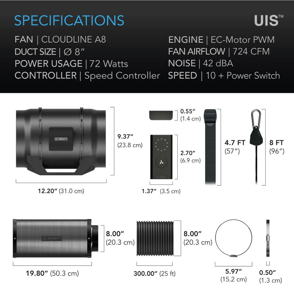 CloudLine  8 " | AC Infinity - Kit Completo De Ventilación Con Controlador, Extractor, Ducto, Ganchos Y Filtro De Carbon