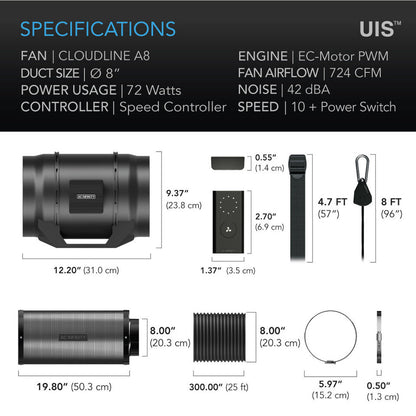 CloudLine  8 " | AC Infinity - Kit Completo De Ventilación Con Controlador, Extractor, Ducto, Ganchos Y Filtro De Carbon